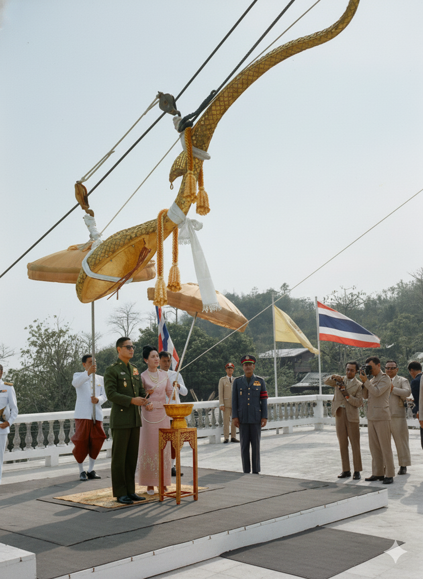 พระบาทสมเด็จพระเจ้าอยู่หัวและสมเด็จพระนางเจ้า พระบรมราชินีนาถ ทรงประกอบพิธียกช่อฟ้าอุโบสถ ณ วัดพุทธมงคลนิมิต และทรงเยี่ยมราษฎร ในจังหวัดนครสวรรค์ เมื่อวันที่ ๒๔ กุมภาพันธ์ พ.ศ. ๒๕๑๕ 